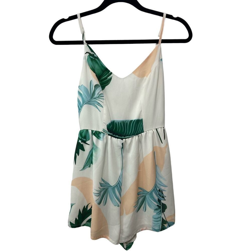 Tropical Palm Print V-Neck Short Romper‎ Sleeveless Adjustable Strap White